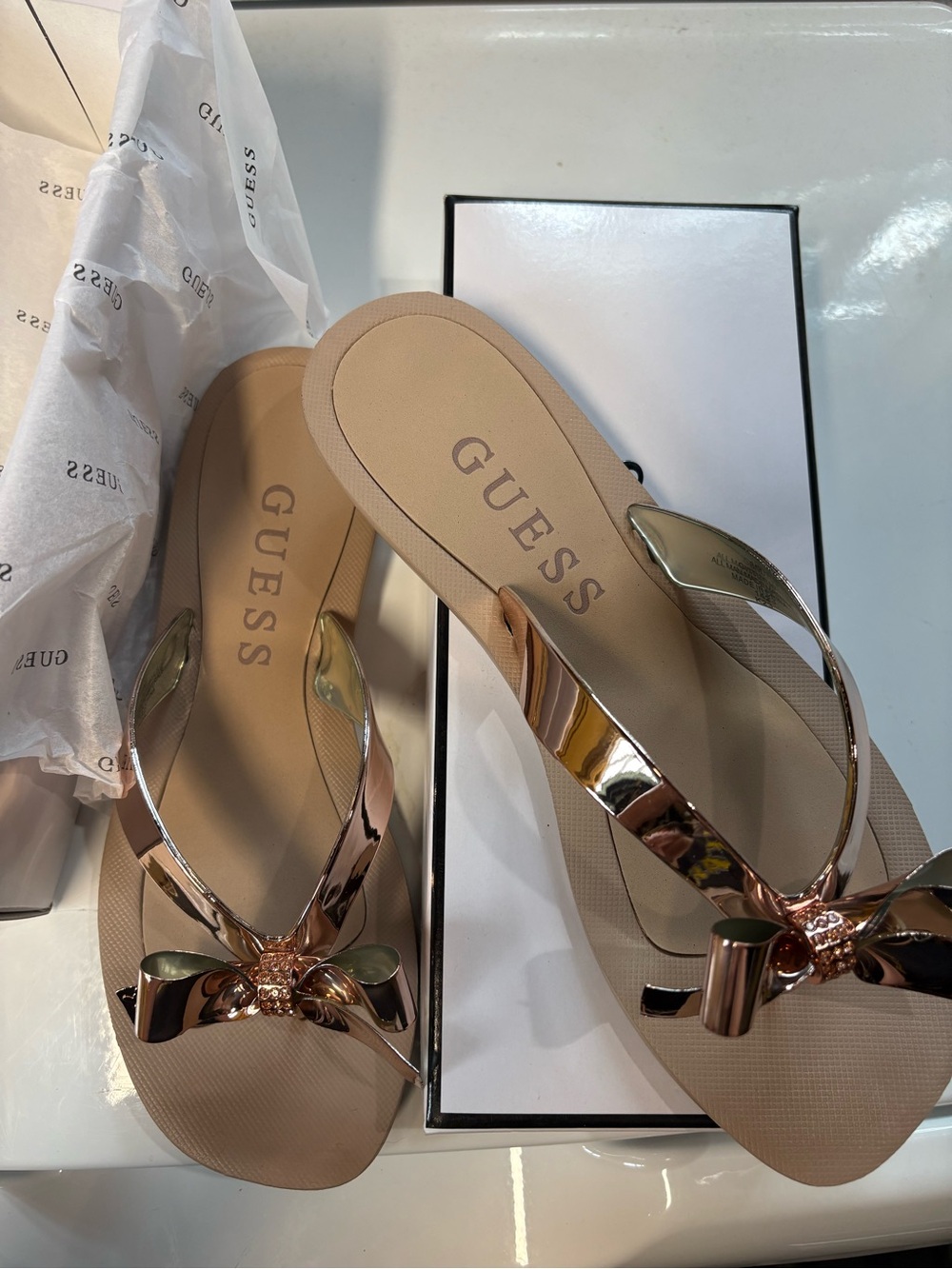 GUESS Rose Gold Bow Flip-Flop Sandals for Women